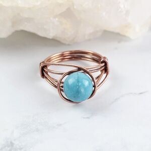 Turquoise Ring Jewelry Copper Wire Wrapped Blue Artisan Handmade Gift Women